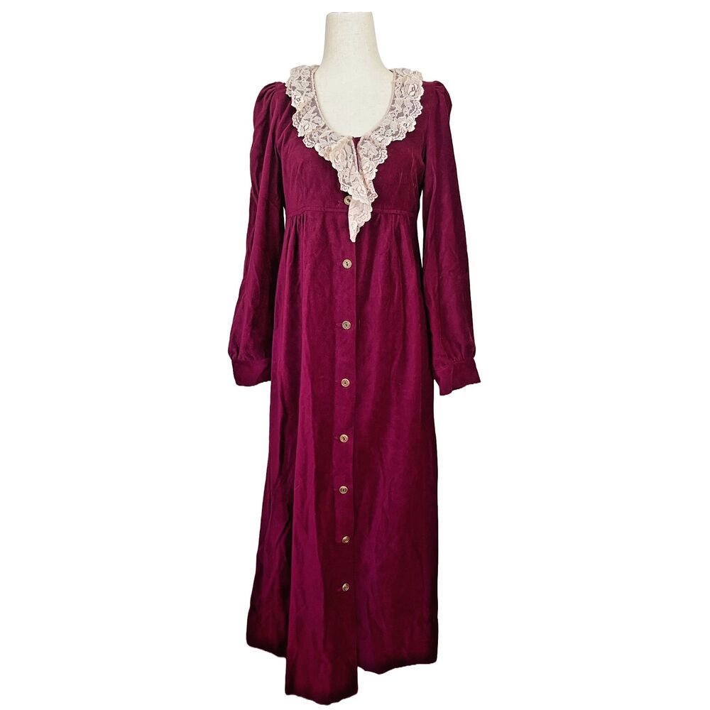 Vintage 70s Witchy Dark Academia Maxi Dress - Velvet Feel, Lace Collar, Boho